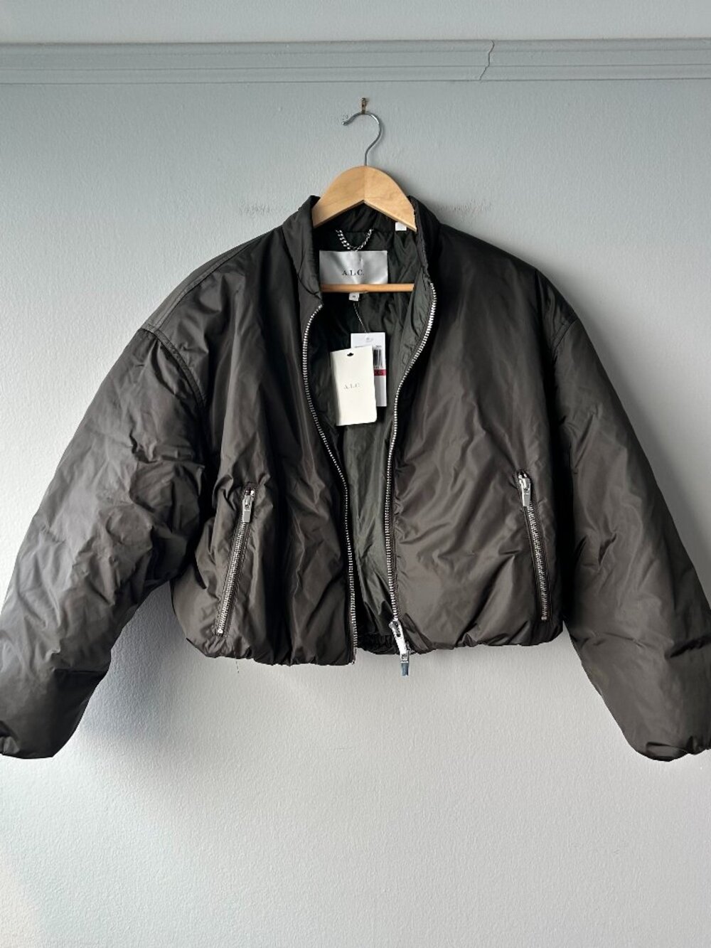 A.L.C. Zane Cropped Down Bomber Jacket Deep Olive NWT XS